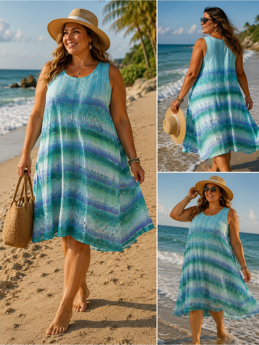 OneWorld Aqua Blue Lace Overlay Sleeveless Dress XL Boho Beachy Lined
